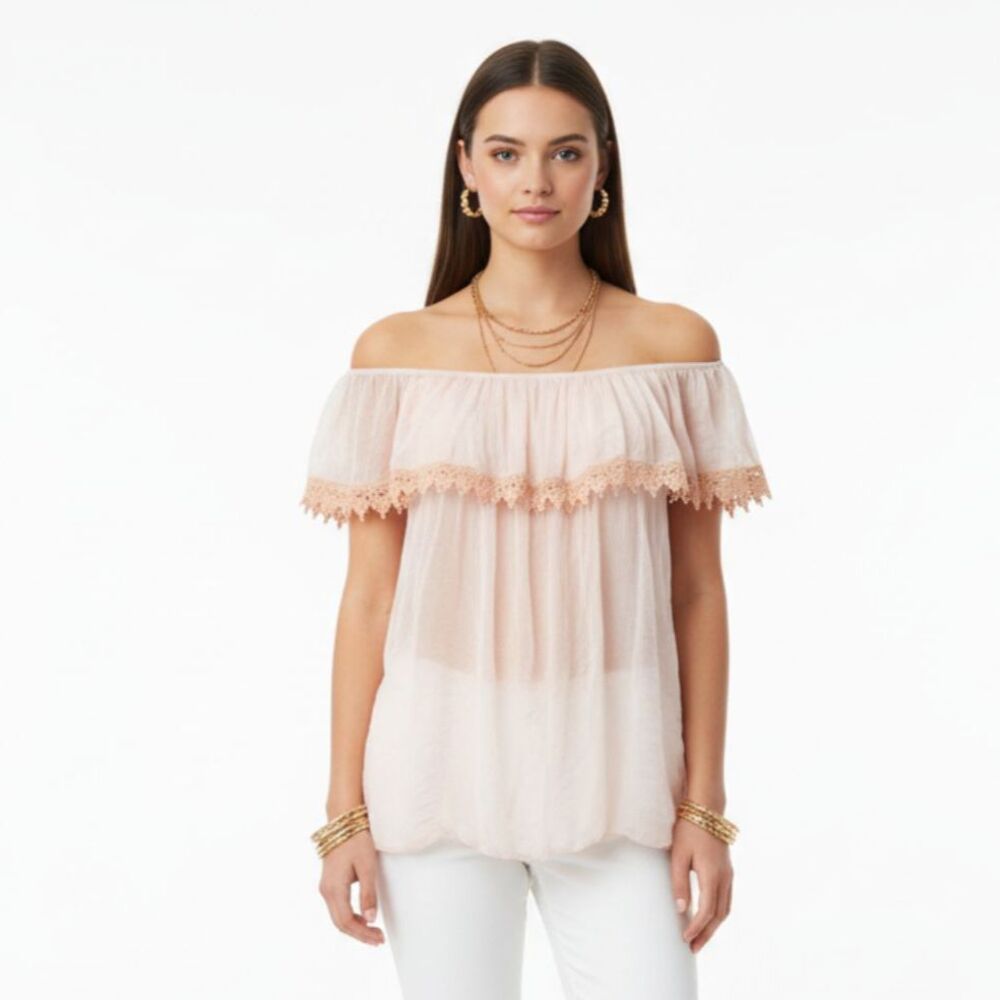 Marina Gigli Italian 100% Silk Short Sleeve Off Shoulder Lace Trim Top M
